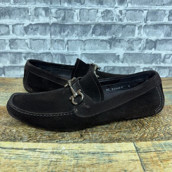 Salvatore Ferragamo Parigi Gancini Driving Loafers Suede Bit 51442 Mens Size 9 B - Picture 1 of 12